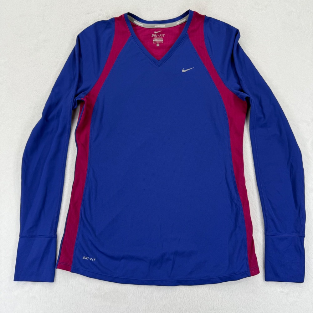 Nike Running‎ Dri-Fit V Neck Long Sleeve Top Womens Medium Blue Pink Athletic